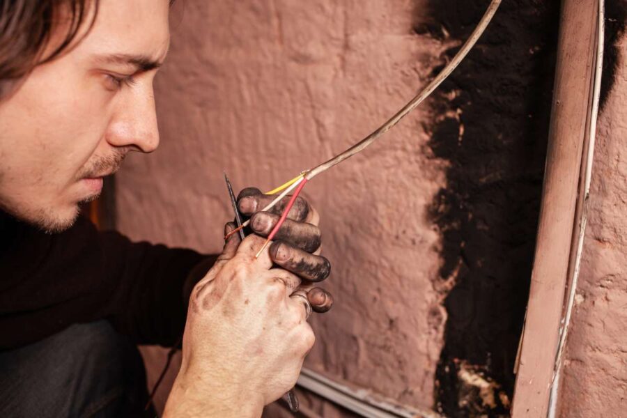 A man fixes a burnt socket. Short circuit, burnt wires. traces of smoke and fire on the wall. The electrical outlet was completely burnt and melted, the voltage drop from the use of an electric heater